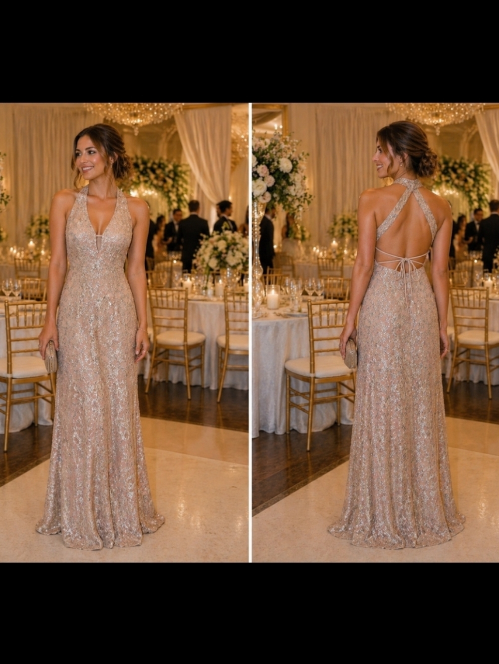 Niki Lavis Elegant Lace Evening Gown Wedding Guest Backless Sequin Halter Dress
